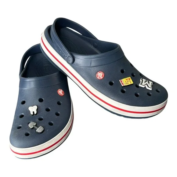 Crocs Mens Classic Clog Navy Blue Red White Accents‎ Jibbitz Size M 13 - Picture 1 of 11